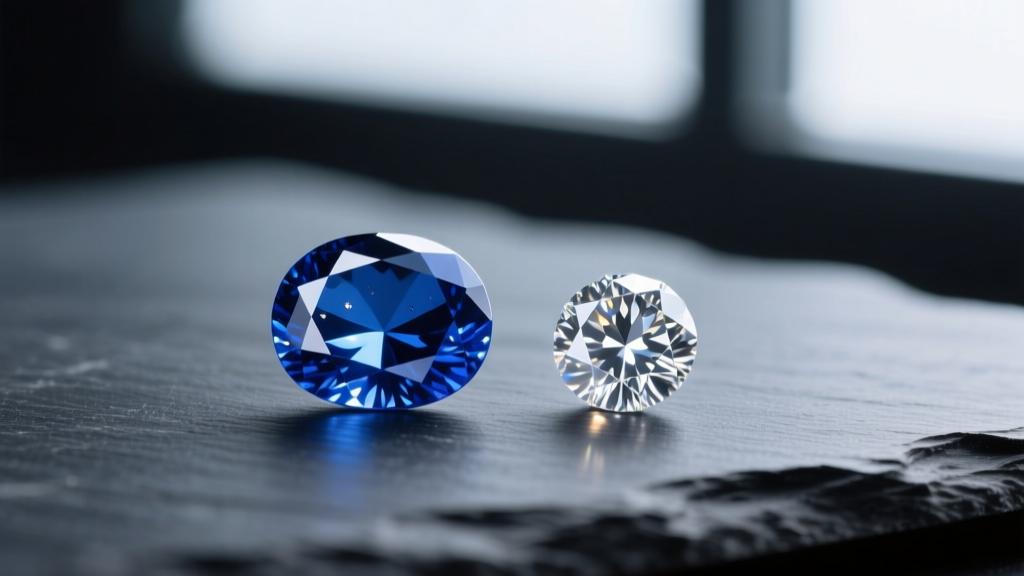 Macro photo of a loose unheated cornflower blue Ceylon sapphire and a brilliant-cut diamond resting on a dark slate surface.