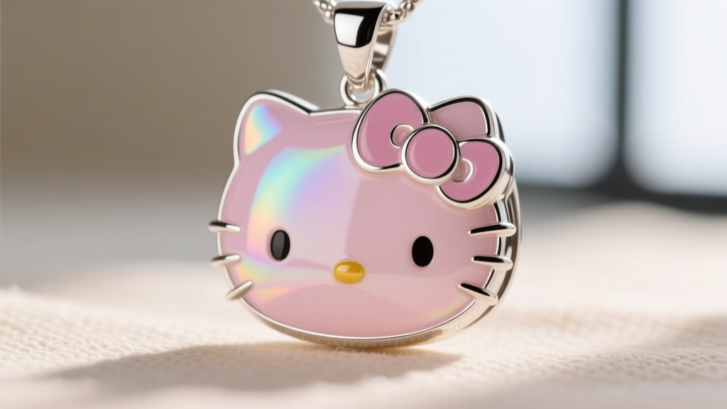 Close-up of a Hello Kitty pendant nose, showing smooth vitreous glass enamel set inside a polished sterling silver metal bezel.
