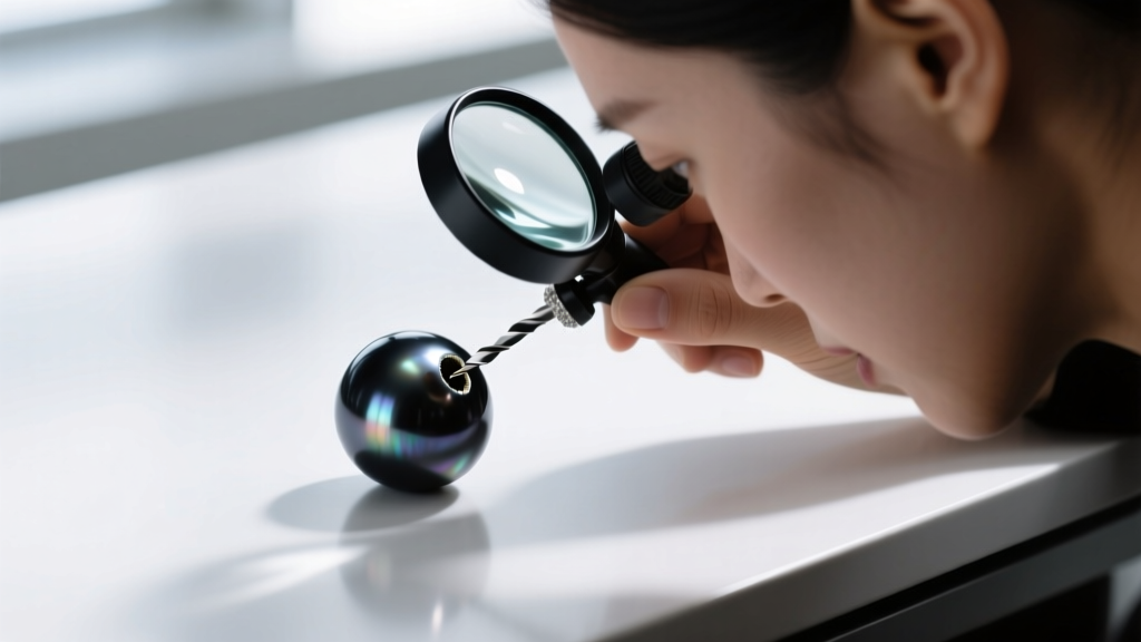 Jeweler examining a dark pearl drill hole with a 10x loupe to check for dye concentration, set against a clean white workbench