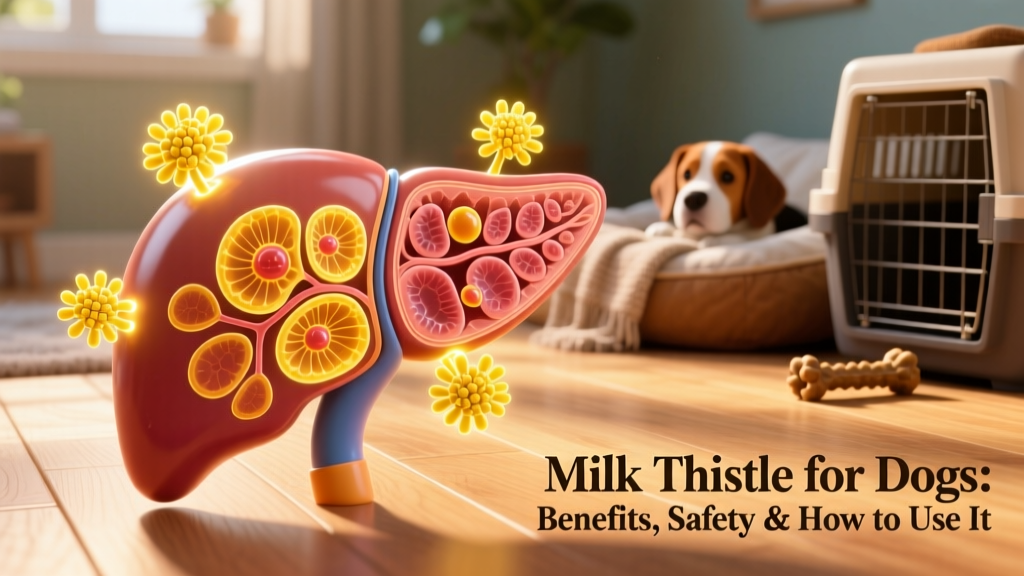 Illustration of a canine liver with highlighted healthy cell structures and protective antioxidant activity