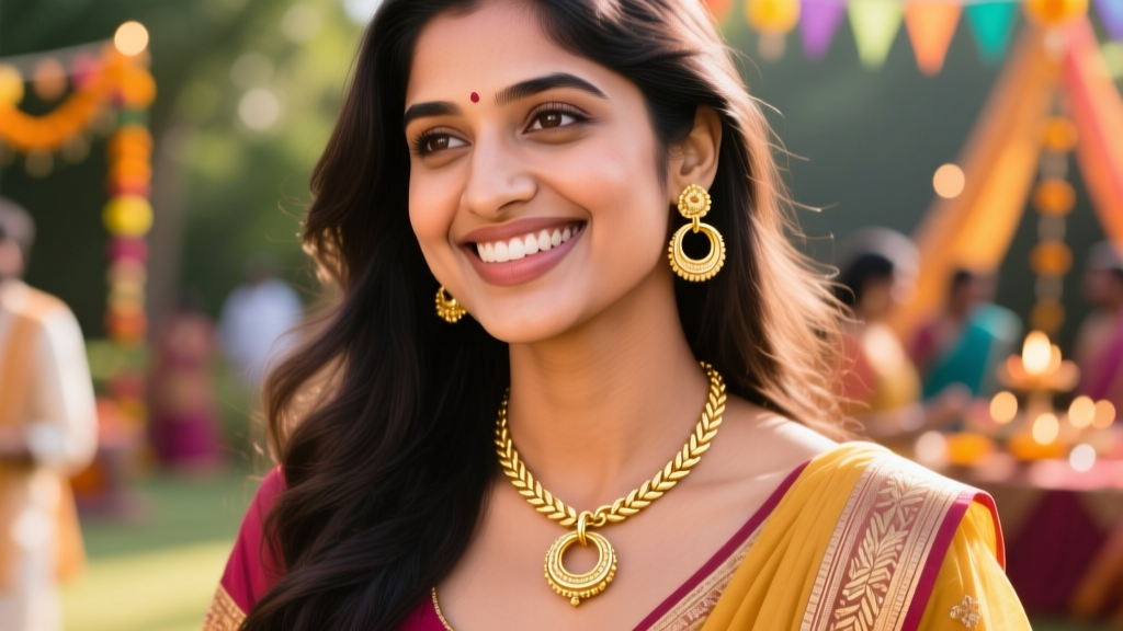 South Asian woman wearing a delicate 14k gold jalebi pendant on a wheat chain, smiling during a sunlit outdoor Diwali celebration