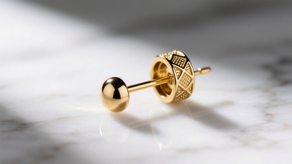 Macro photo of a gold front back earring on marble, showing the front stud, post, and a detachable decorative back jacket piece.