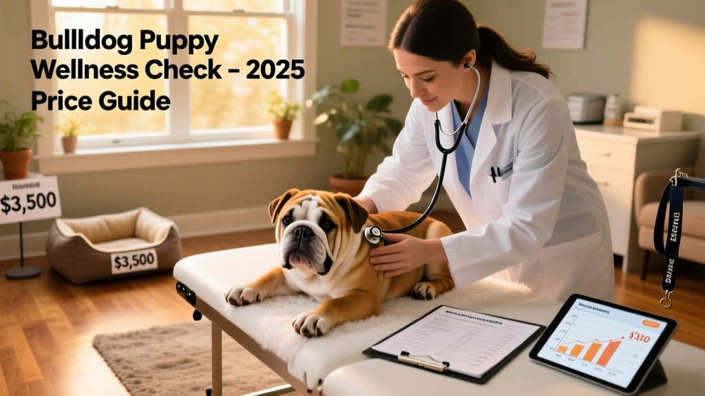 A veterinarian examining an English Bulldog puppy during a wellness check, with stethoscope and chart visible