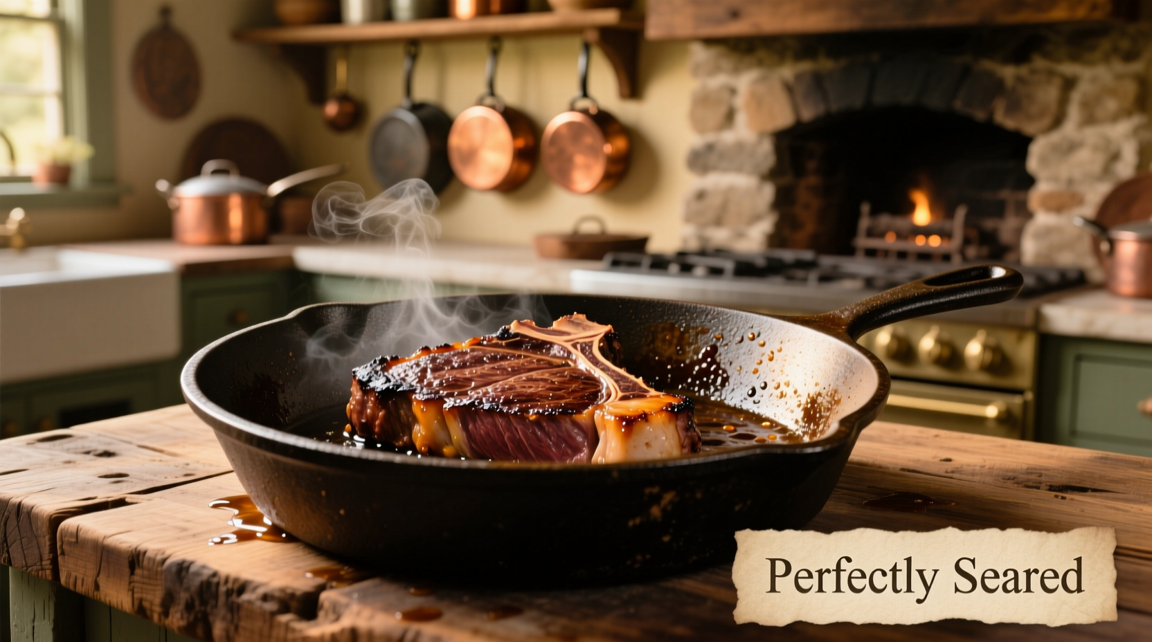 Cast iron skillet with perfectly seared steak