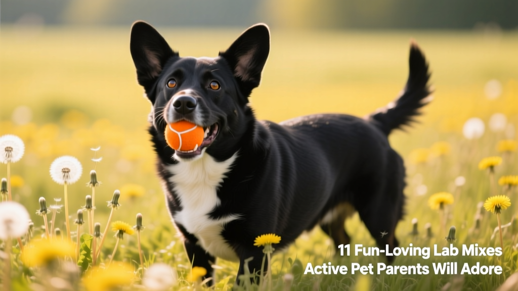 black corgidor with lab face and corgi body holding orange ball in field of dandelions