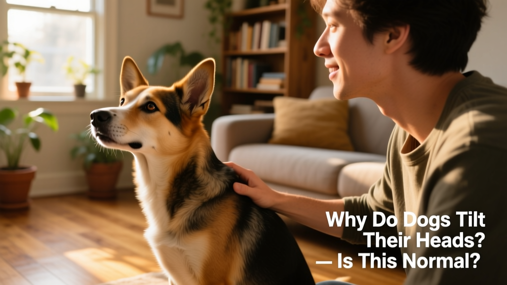 A mixed-breed dog tilting its head while sitting beside a person speaking softly