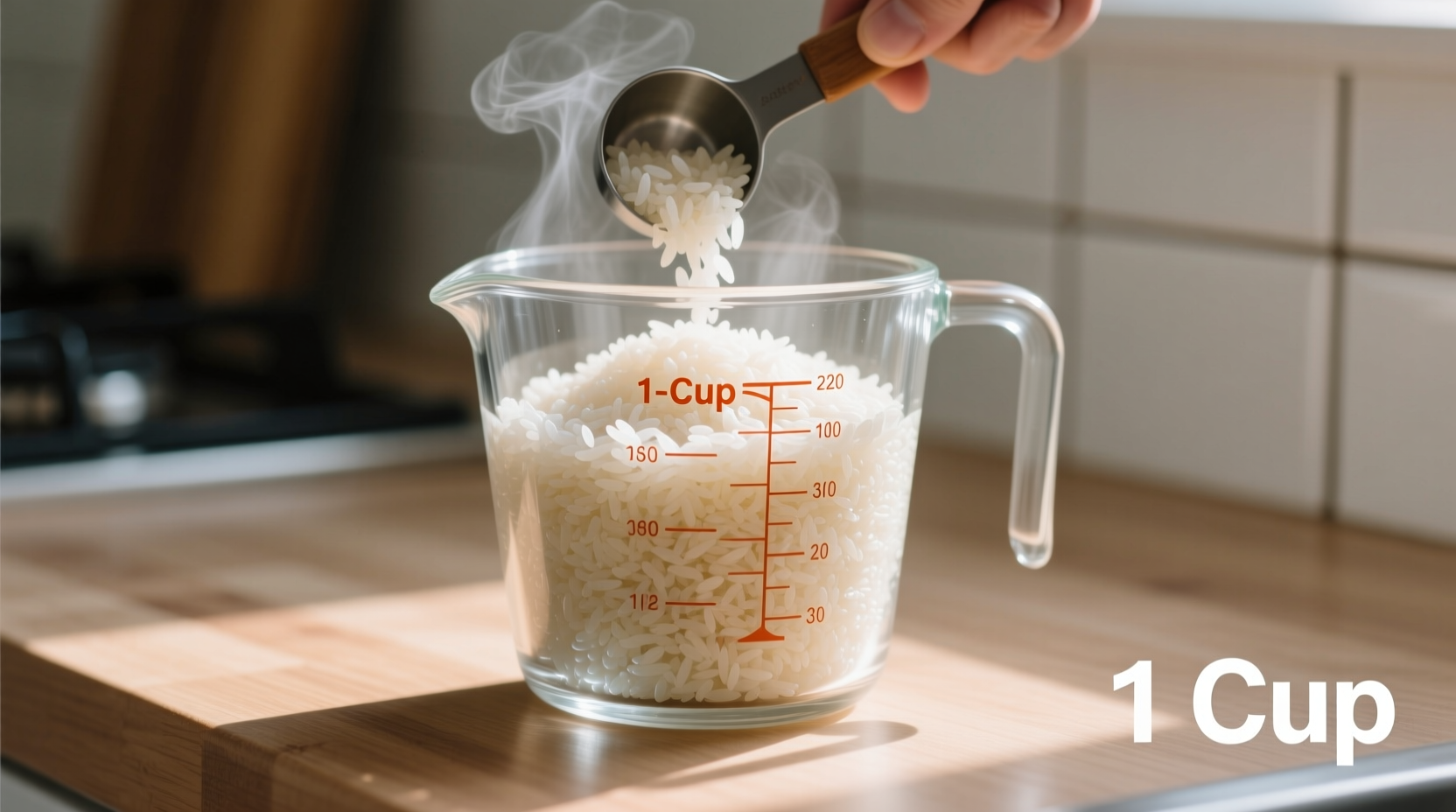 Measuring cooked rice in clear measuring cup