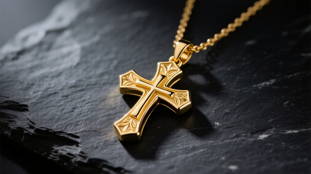 Polished 14k yellow gold cross necklace pendant resting on dark slate, illuminated by soft directional studio lighting, macro shot
