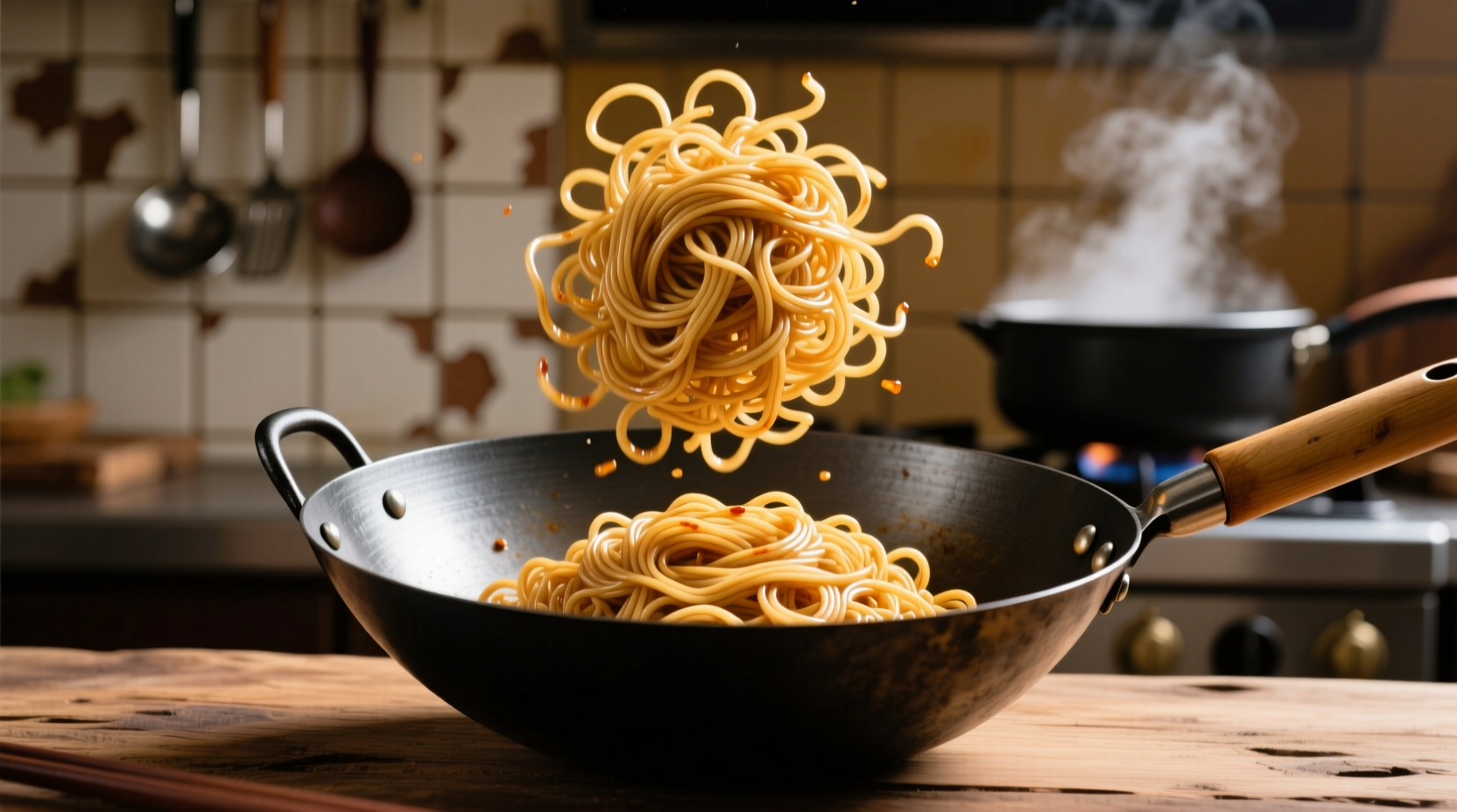 Perfectly separated chow mein noodles in wok
