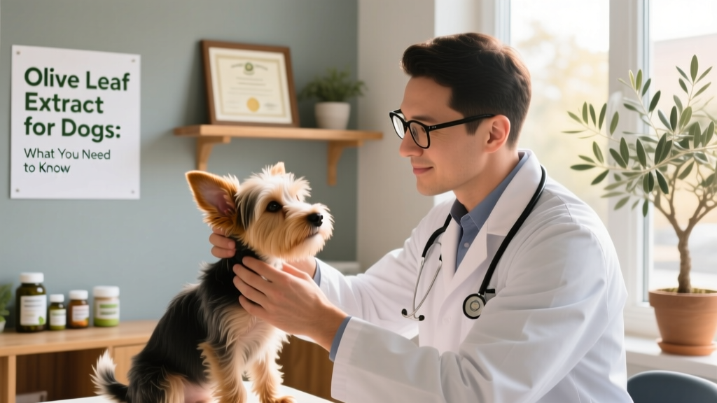 A veterinarian holding a small dog while gently examining its ear, illustrating professional care during supplement discussions