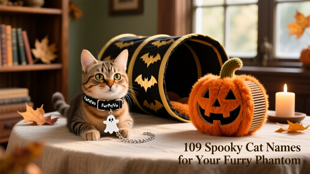 A whimsical collage of cat-themed Halloween accessories: a FurPetVo-branded breakaway collar with ghost charm, a pumpkin-shaped scratcher toy, and a foldable tunnel with bat motifs