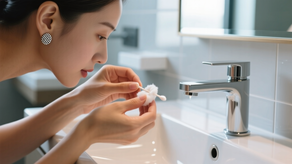 Close-up of hands cleaning a magnetic keloid pressure earring with a cotton swab and sterile saline near a bright bathroom sink.