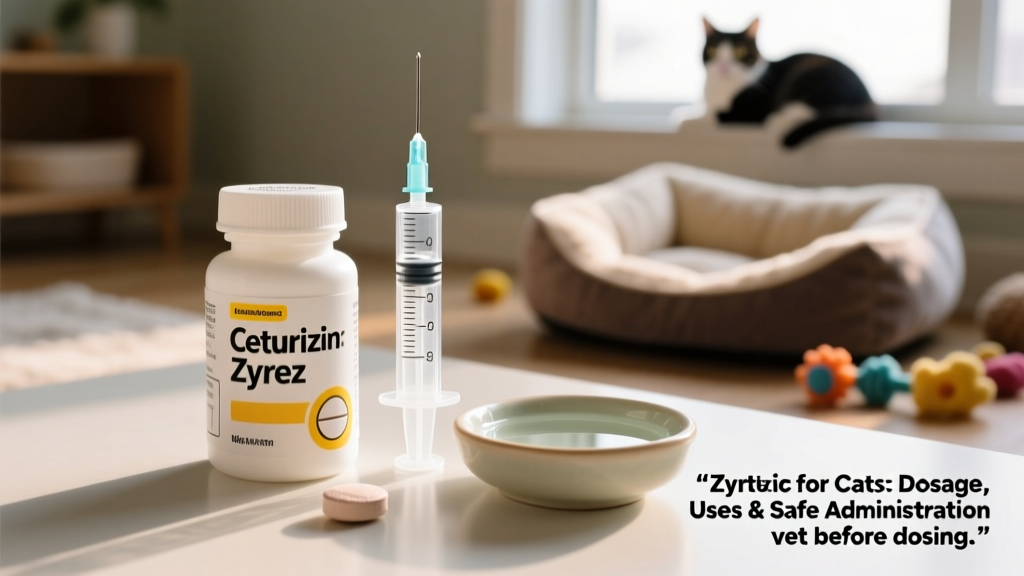 A close-up of a clean, labeled pill bottle containing cetirizine tablets next to a measuring syringe and a small dish of water—safe tools for accurate feline dosing
