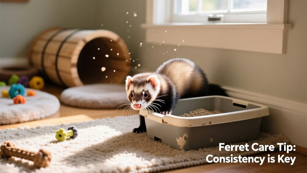 A curious ferret sniffing near a small square litter box placed in the corner of a cozy play area