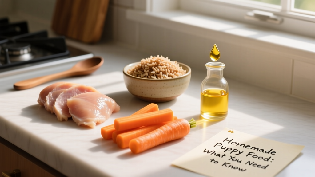Fresh ingredients for homemade puppy food laid out on a clean kitchen counter: chicken breast, carrots, brown rice, and fish oil