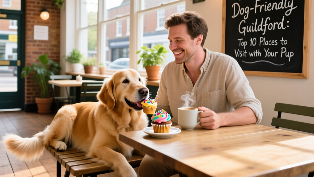 A relaxed dog enjoying a cupcake beside its owner at a bright, airy cafe in Guildford
