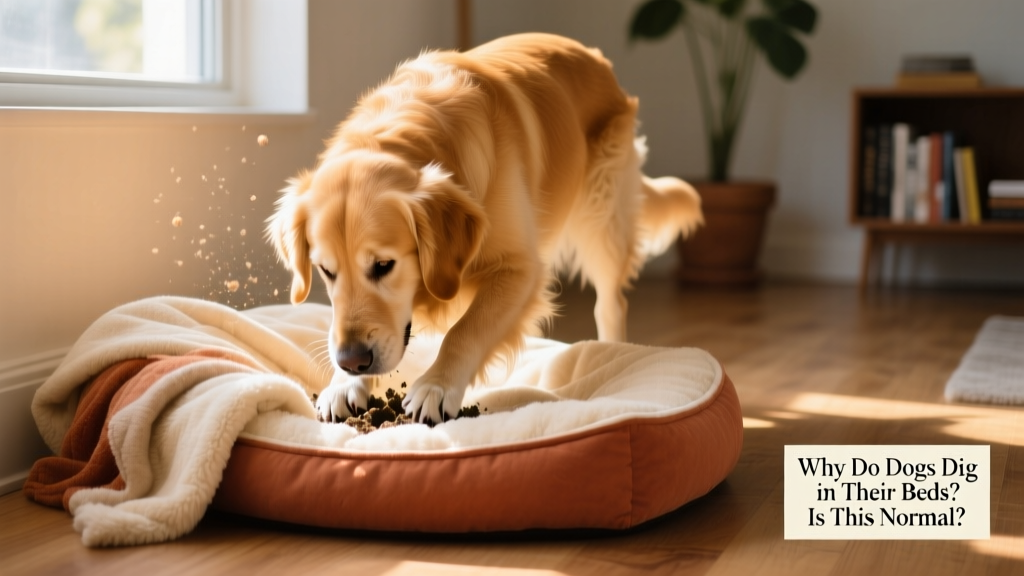 A cozy dog mid-dig, pawing gently at a soft, plush bed with blankets nearby
