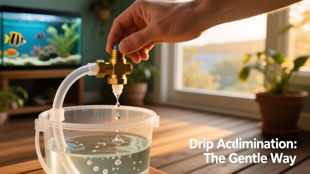 Hand adjusting a drip line valve with tubing running from aquarium to acclimation bucket