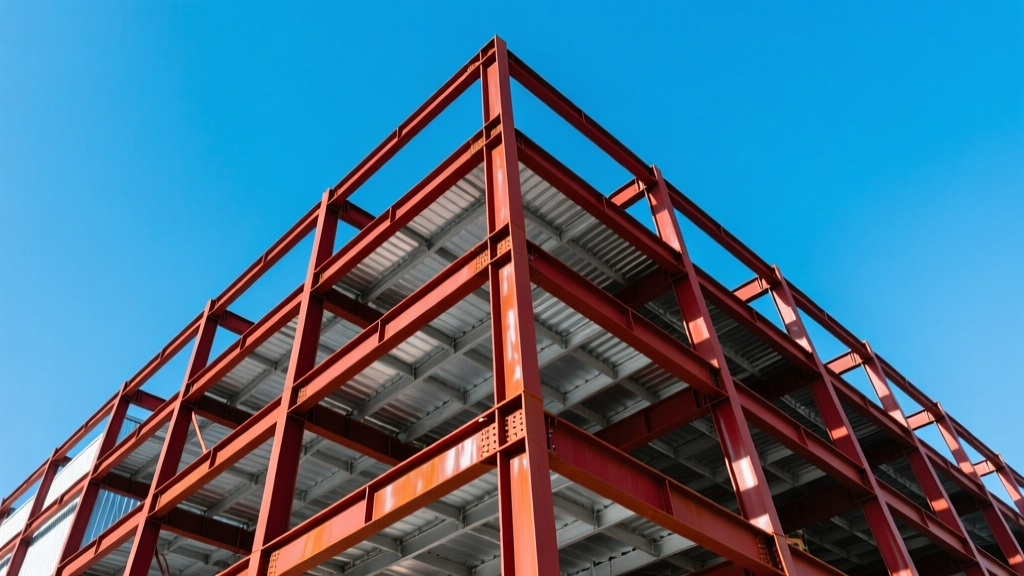 Red-oxide primed structural steel I-beams and metal decking forming a commercial building skeleton against a clear sky