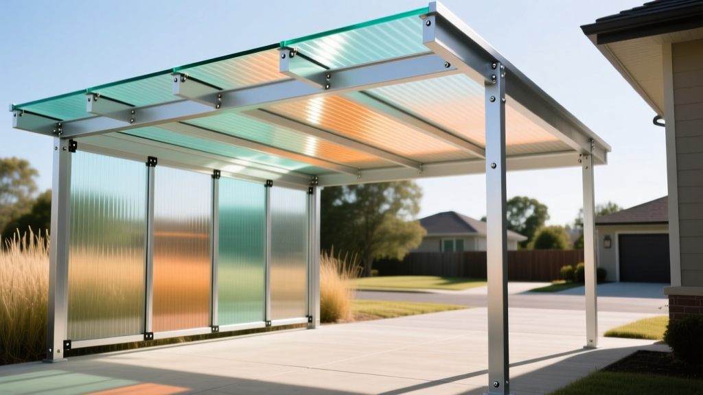 Extruded multi-wall polycarbonate panels being fastened to an aluminum frame of a modern residential carport canopy on a sunny day
