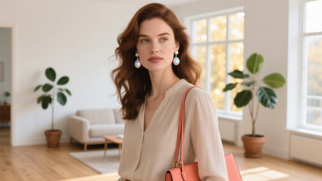 Woman wearing vintage mother of pearl drop earrings in a bright lifestyle setting with a soft, blurred background bokeh effect.