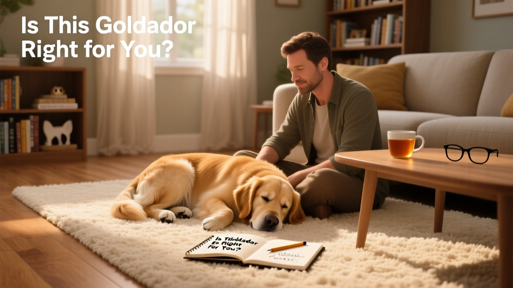 A relaxed adult Goldador curled up beside its owner on a cozy living room rug