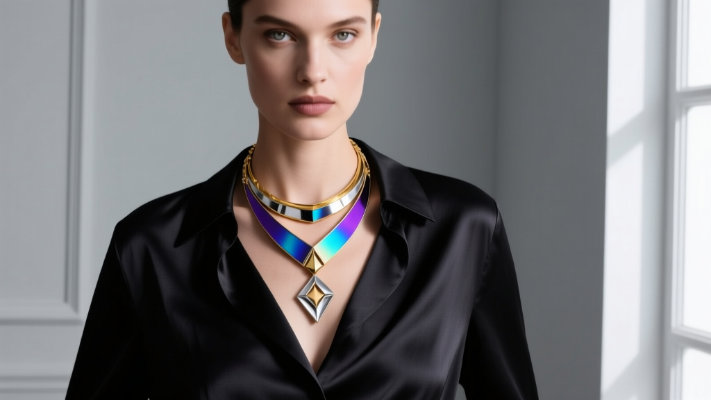 Fashion shot of a model wearing layered anodized niobium and 18k nickel-free gold pendant necklaces over a dark silk blouse