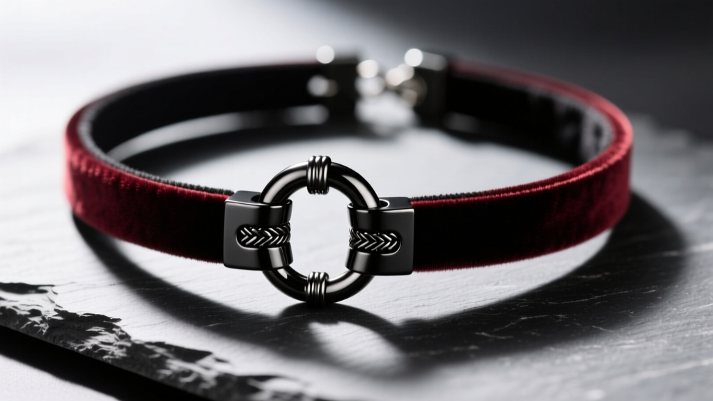 Close-up of a black titanium goth choker necklace with a 14-gauge O-ring and dark velvet band resting on a matte slate surface