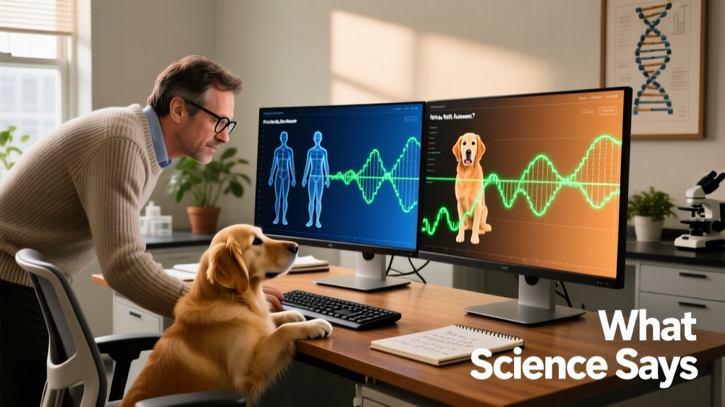 Scientist using a lab computer to visualize aligned human and dog genome sequences