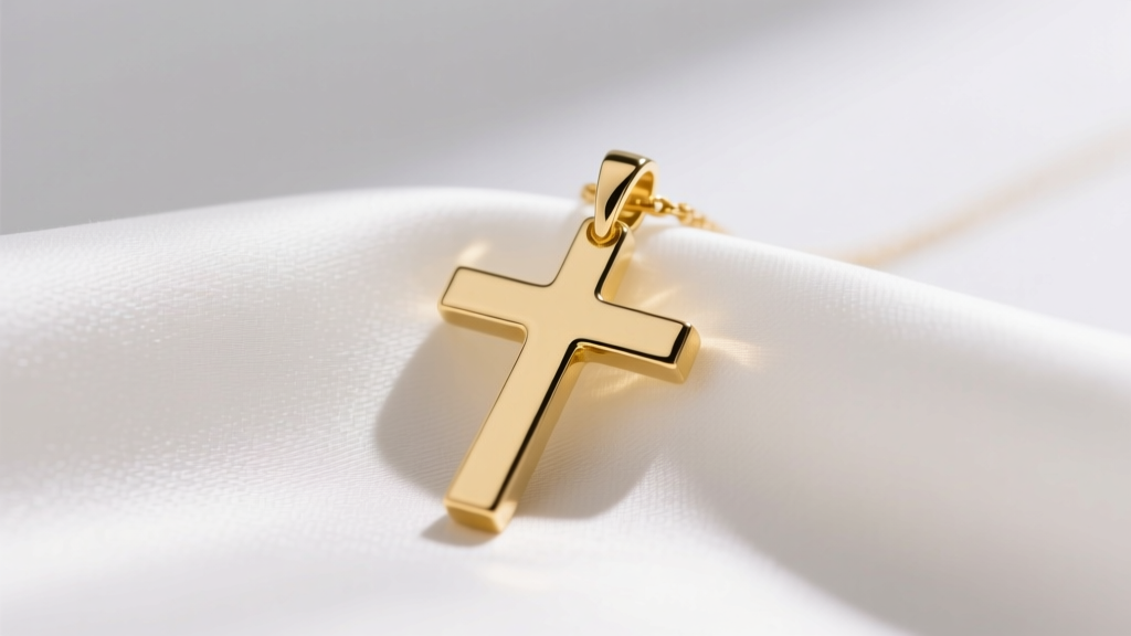 Close-up of a 14k yellow gold minimalist cross pendant on white silk, soft window light highlighting polished edges