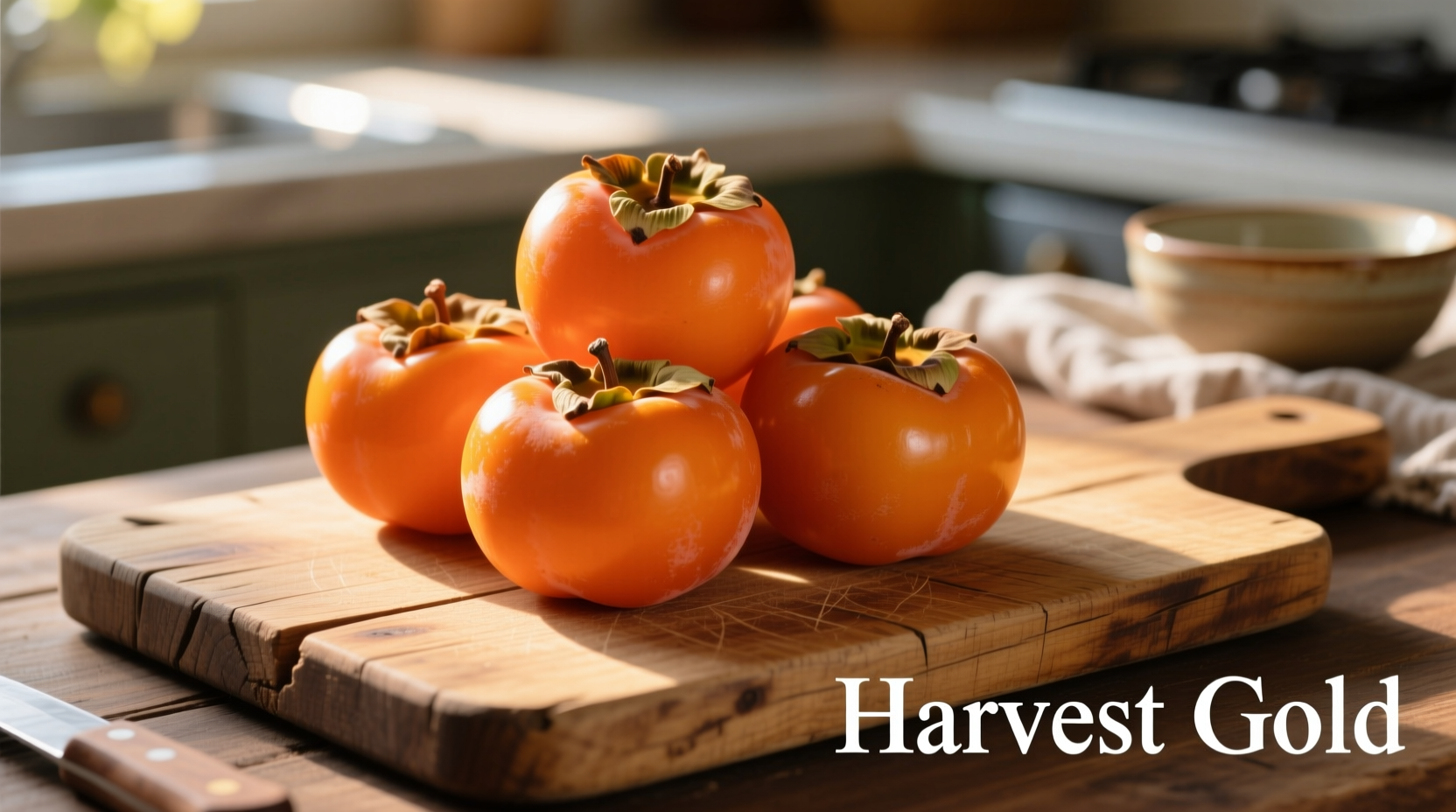 Ripe persimmons on wooden cutting board