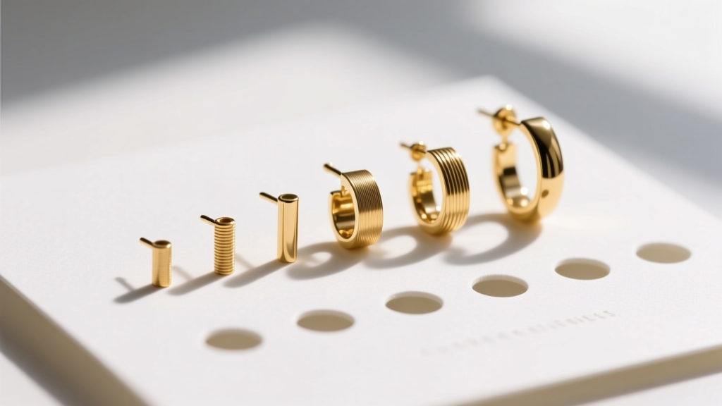 Macro photo of gold earring posts in 20, 18, and 16 gauge thicknesses resting beside perfectly punched holes in thick white cardstock