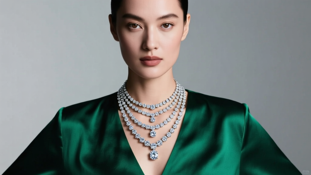 Woman wearing layered lab-grown diamond necklaces, showing bright sparkle against an emerald silk blouse in soft studio lighting.