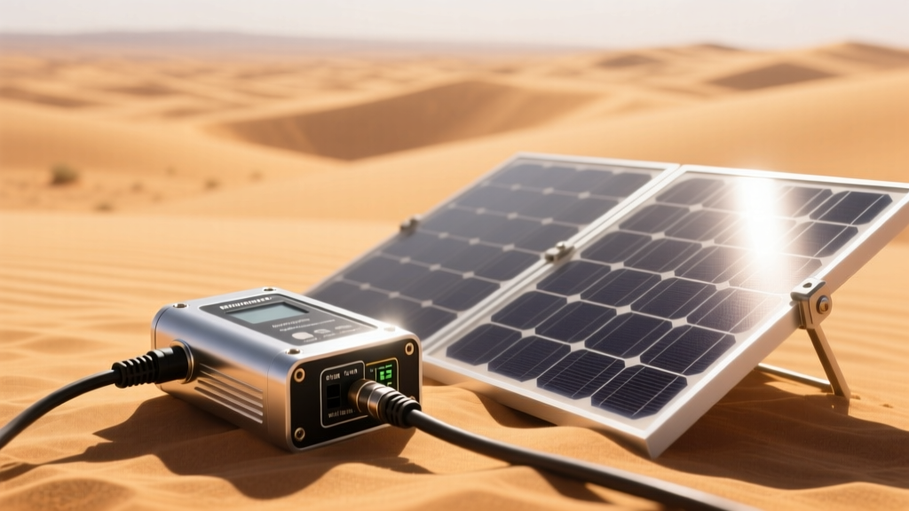 Close-up of an expert MPPT solar charge controller connected to a high-efficiency folding solar panel in bright desert sunlight.