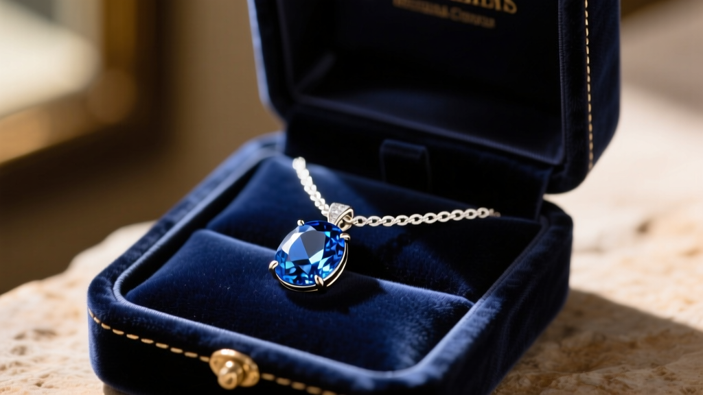 Elegant velvet jewelry box open to reveal a 2-carat oval Ceylon blue sapphire pendant on a delicate 18k white gold cable chain.