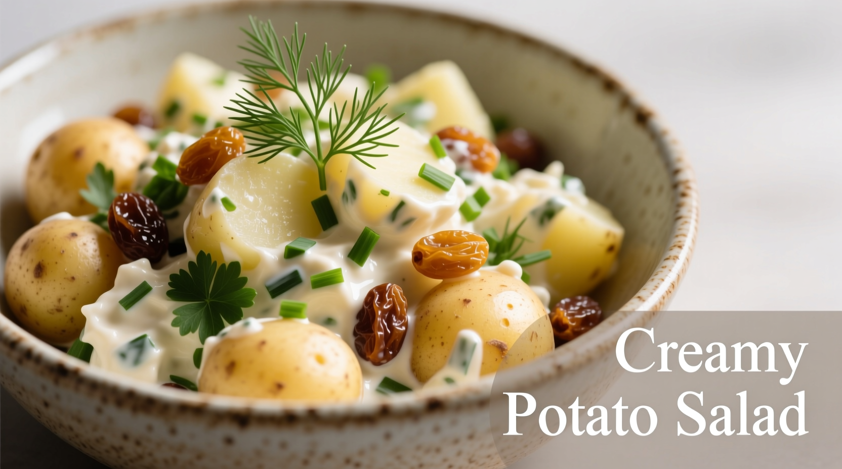Creamy potato salad with golden raisins and fresh herbs