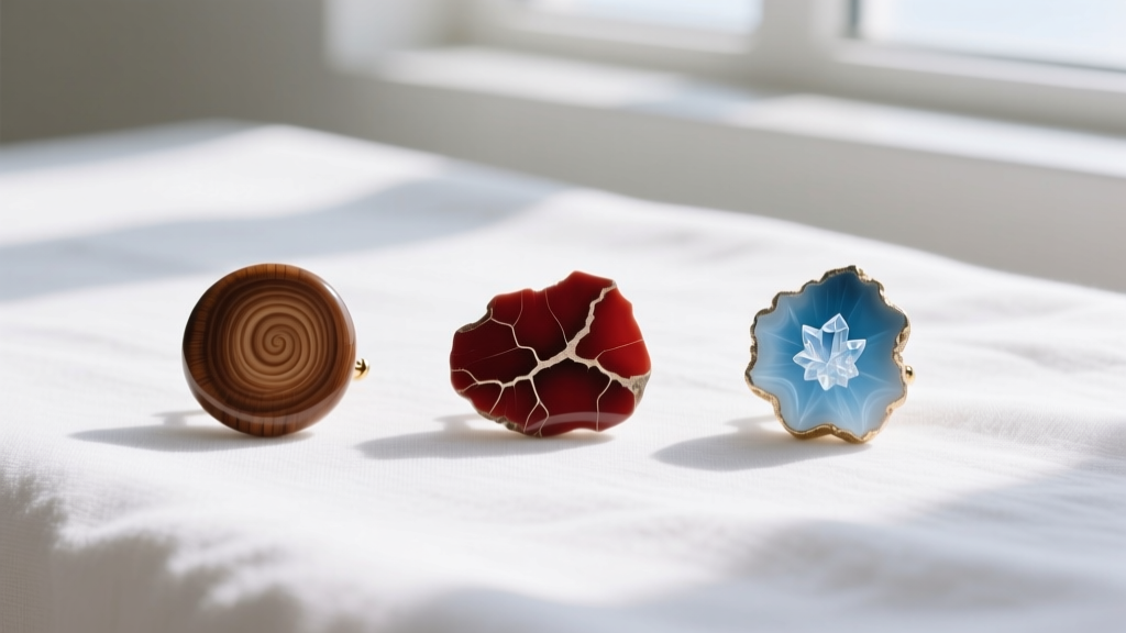 Flat lay of three petrified wood stud pairs: brown Indonesian, red Arizona, and rare blue Madagascar specimens on white linen