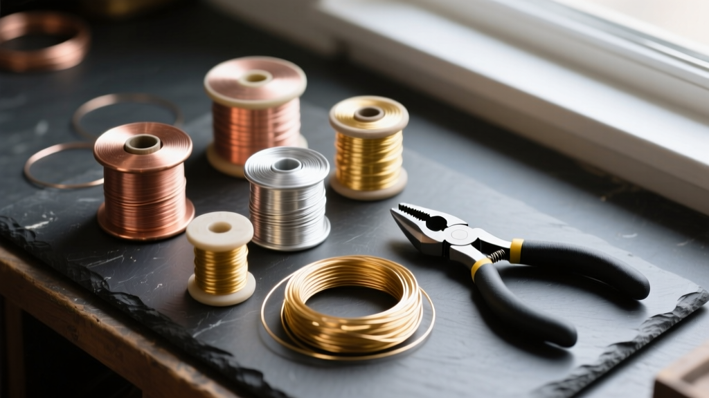 Overhead view of copper, sterling silver, and gold-filled wire spools on a dark slate jeweler bench with nylon jaw pliers.