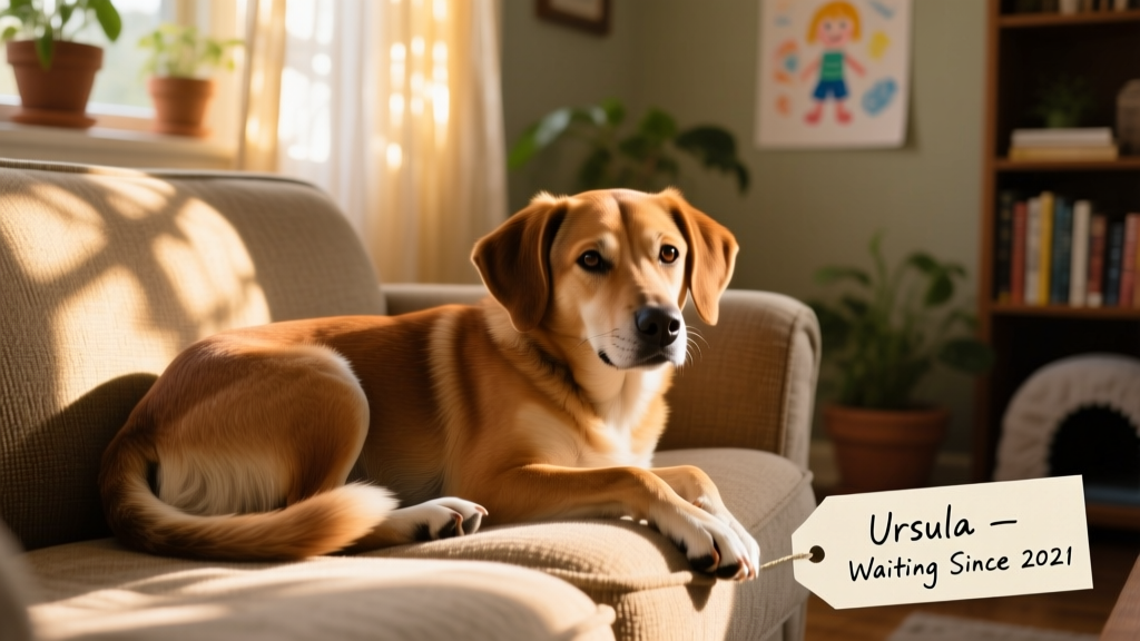 Ursula curled up peacefully on a sunlit couch in her foster home, looking relaxed and content