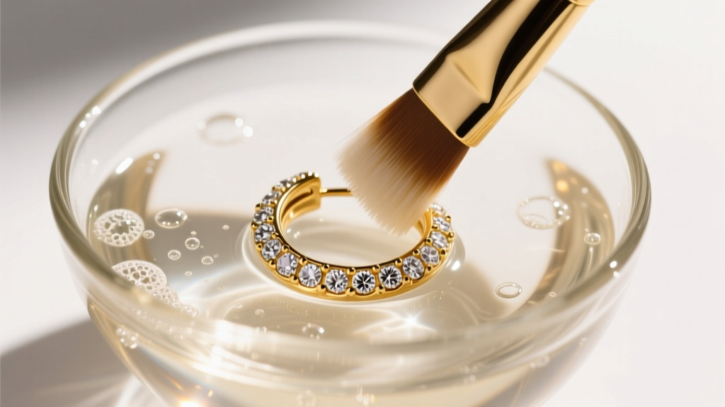 Soft brush cleaning diamond pavé on a Chrome Hearts gold hoop earring, submerged in a glass bowl of warm soapy distilled water