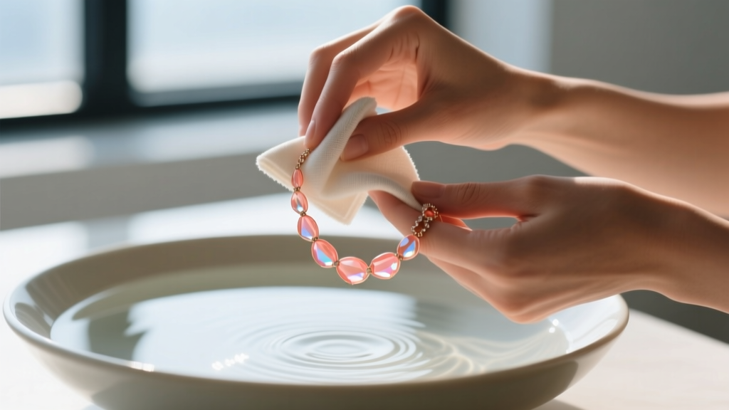 Hands gently wiping a delicate coral colored necklace with a dry microfiber cloth, a bowl of water blurred in the soft background.