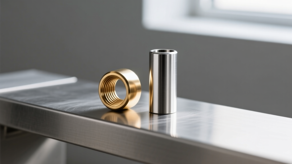 Round brass crimp bead and cylindrical silver crimp tube resting side-by-side on a steel bench block under bright light.