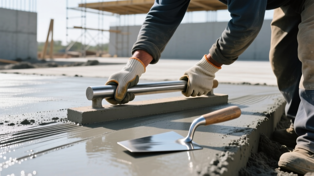 Close-up of a concrete worker using a magnesium bull float on a fresh driveway slab next to a steel trowel on a smooth interior floor.