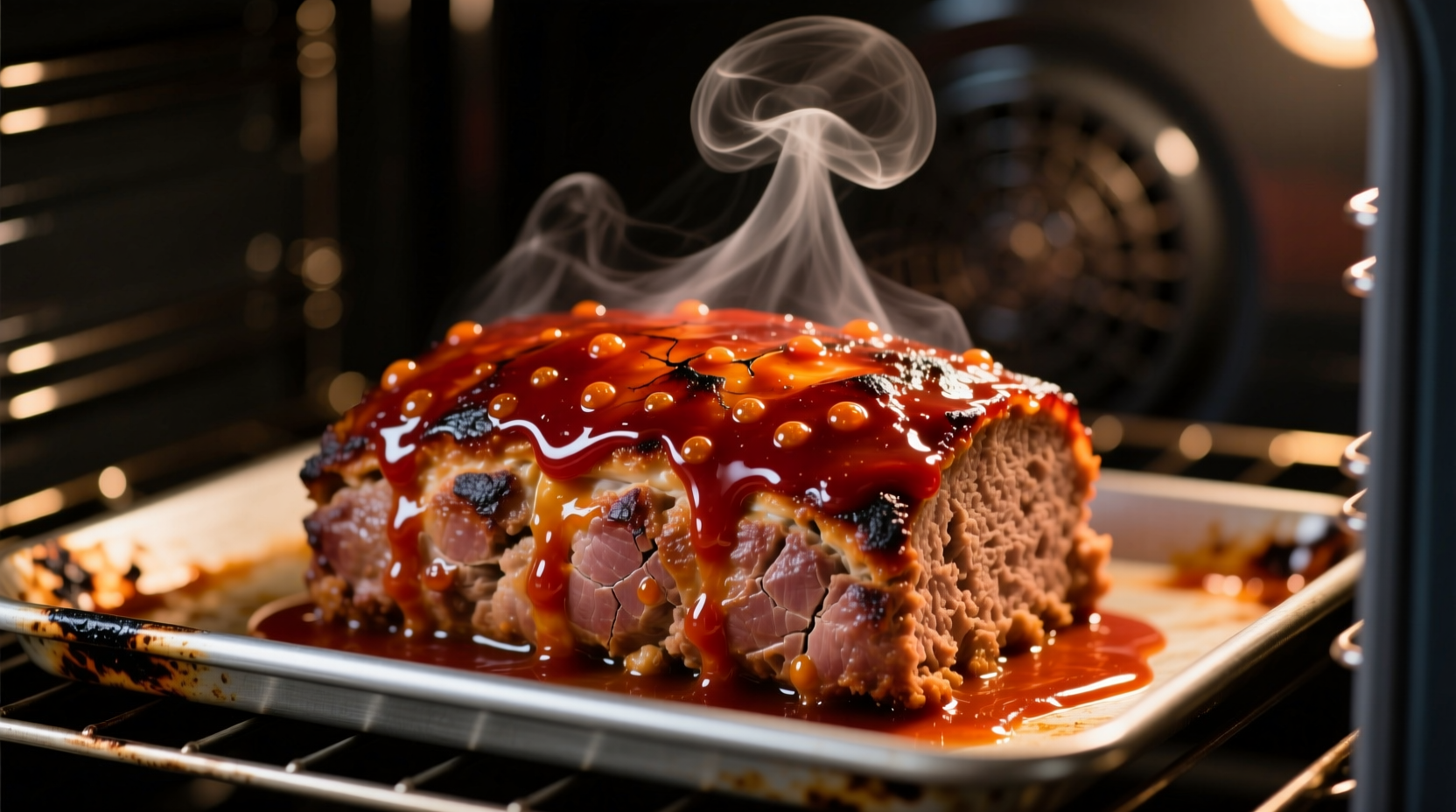 Tomato sauce meatloaf glaze bubbling in oven