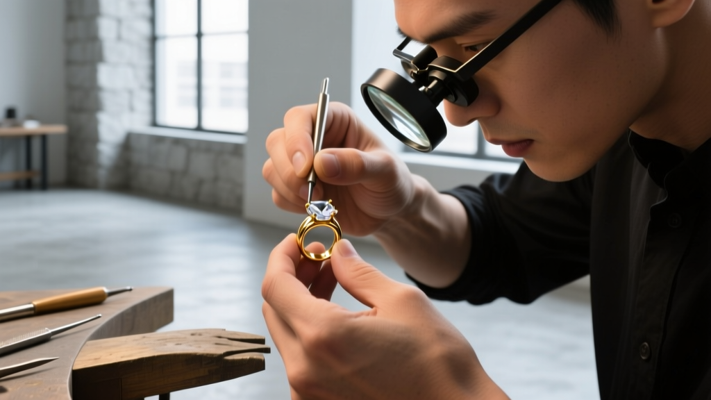 Jeweler applying Schwerter's acid to a silver scratch mark, revealing a vivid cherry red chemical reaction on black testing stone
