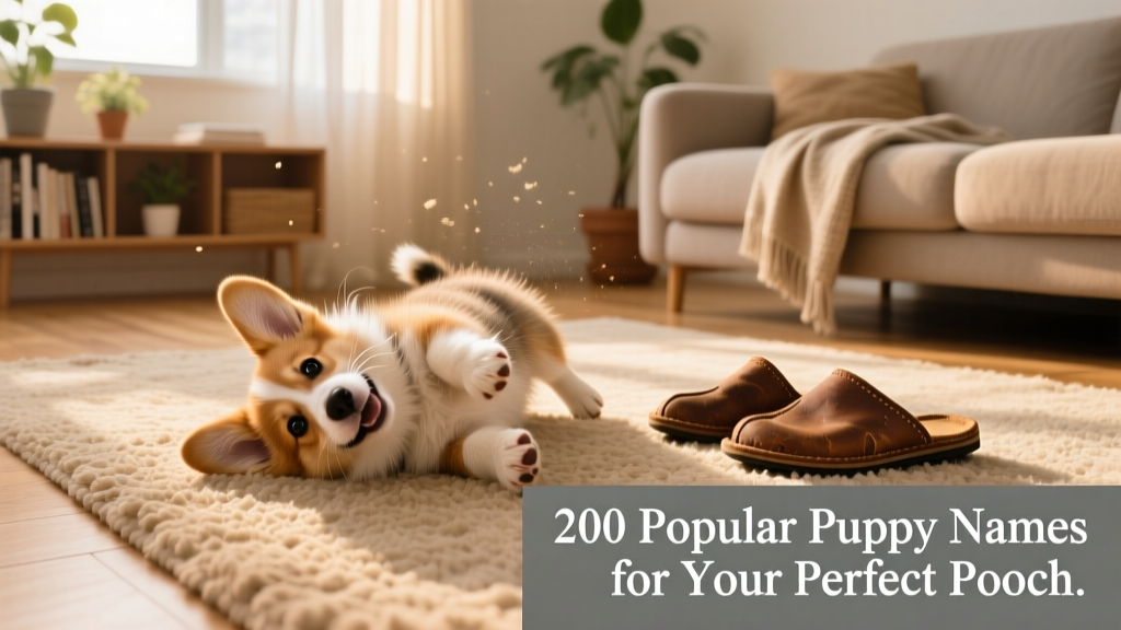 A fluffy Corgi puppy rolling playfully on a cozy living room rug beside a pair of slippers