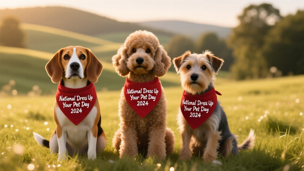 Three dogs—a beagle, a poodle, and a terrier mix—wearing matching red bandanas and sitting side-by-side on a grassy field