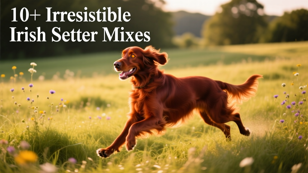 A joyful, mahogany-red Irish Setter running through a sunlit meadow