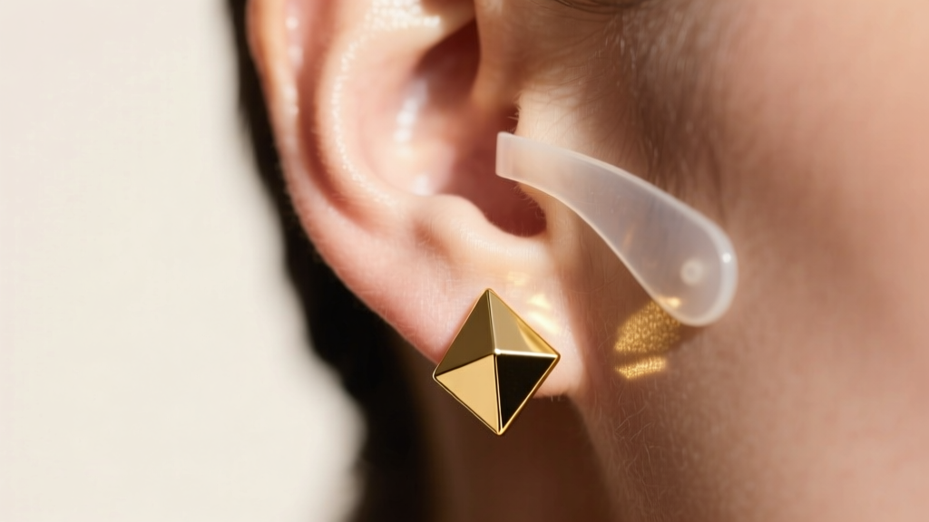 Close-up of an earlobe wearing a heavy 14k gold geometric stud earring, supported by a clear silicone lifting patch behind the lobe.