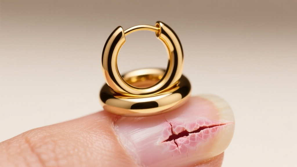 Macro shot of a 14k gold huggie and medium hoop earring stack on a healed cartilage piercing, warm studio lighting